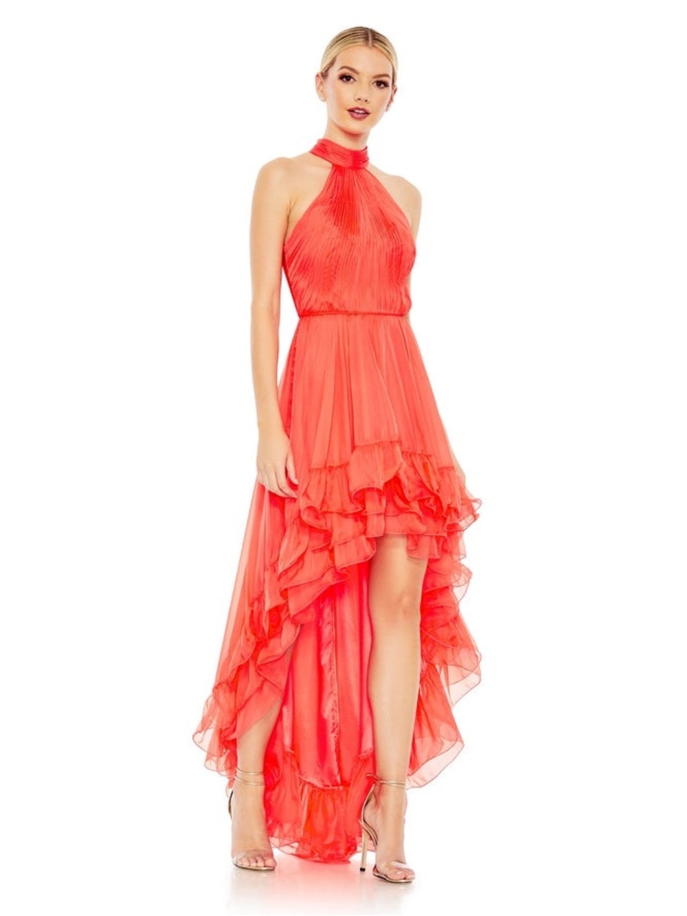 Mac Duggal Pleated Halter Ruffle High Low Dress